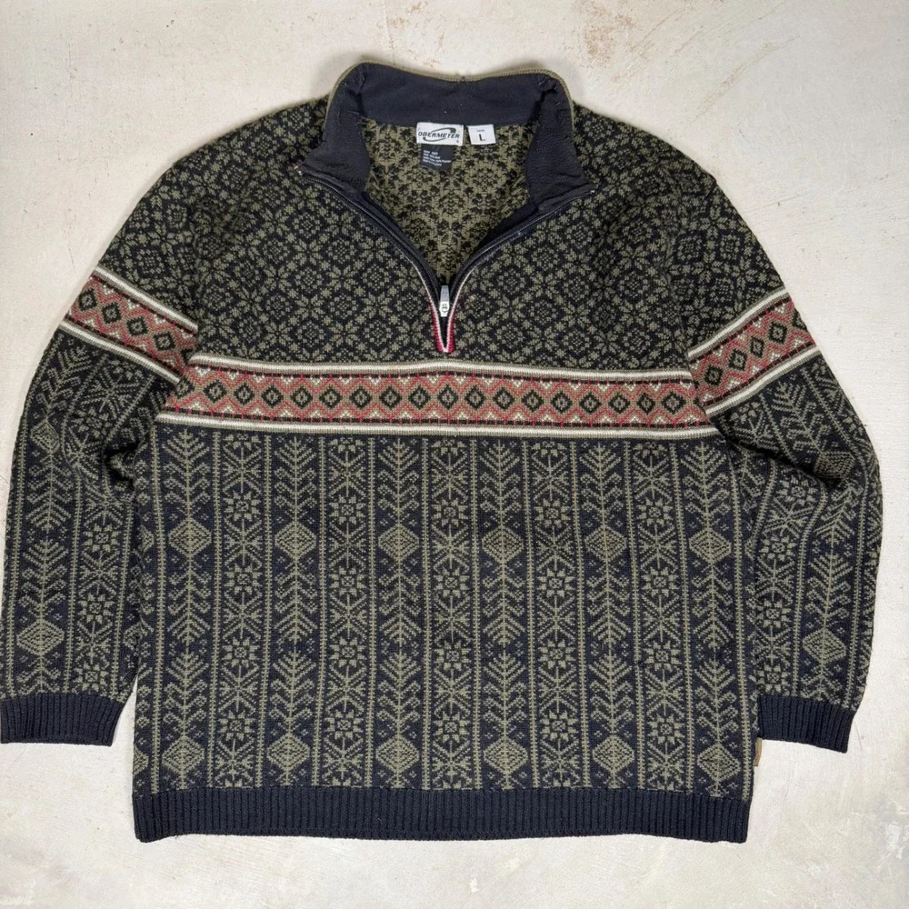 Obermeyer Mens Wool Quarter Zip‎ Sweater Nordic Fair Isle Green Black L 46201